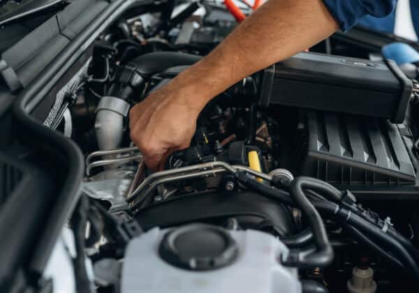 A person’s hand is working on the engine of a car, adjusting or repairing components under the hood.