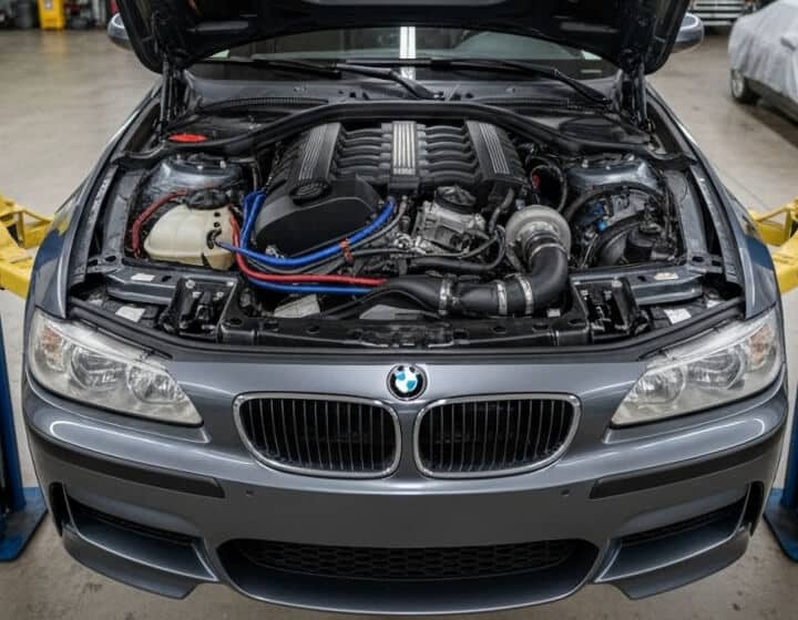 A BMW car with its hood open, showing a detailed view of the engine bay, including an exposed turbocharger and aftermarket modifications.